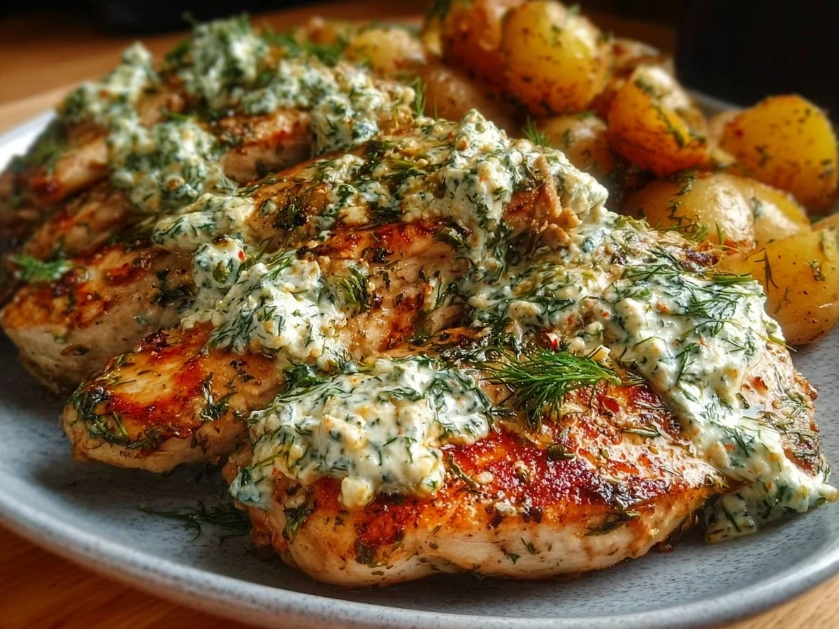 Spicy Yogurt Chicken Thighs with Dill Feta Cream - Image 1