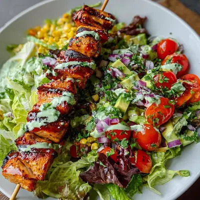 BBQ Chicken Skewer Salad & Creamy Avocado Dressing