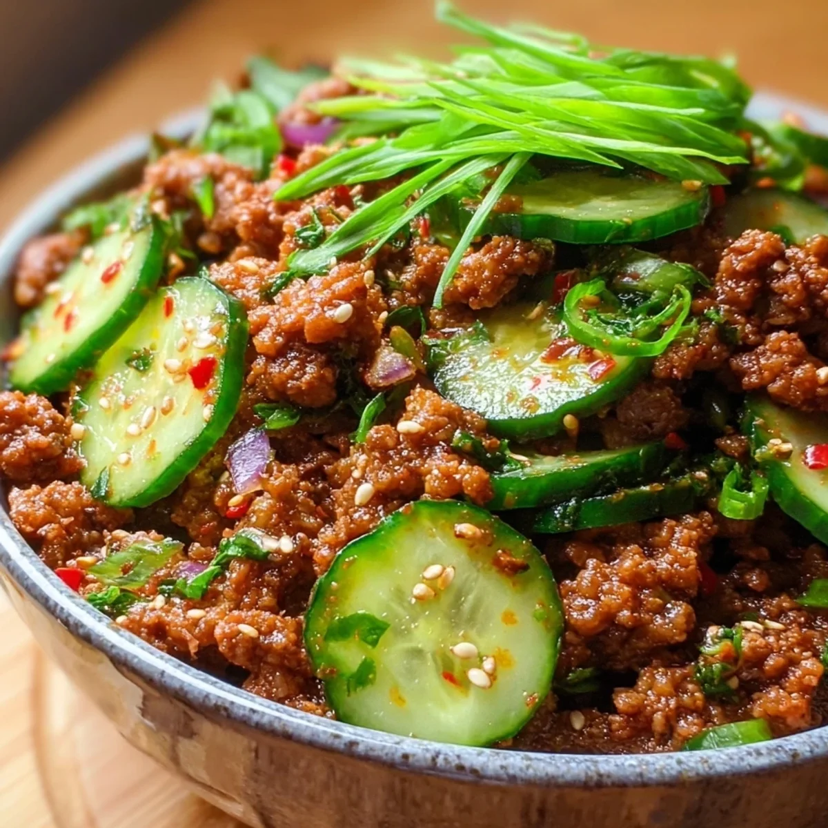 Spicy Keto Korean Ground Beef & Cucumber Salad