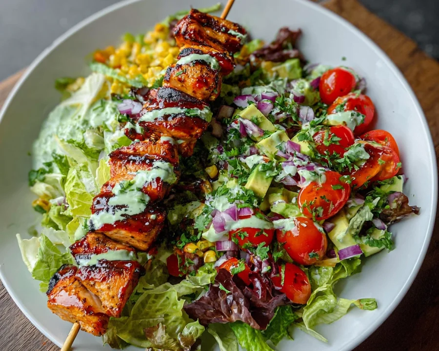 BBQ Chicken Skewer Salad & Creamy Avocado Dressing