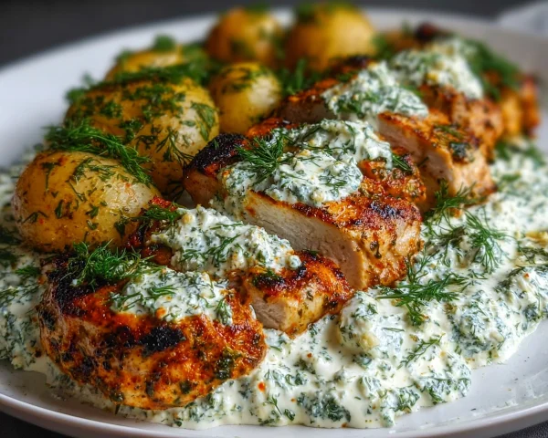 Spicy Yogurt Chicken Thighs with Dill Feta Cream